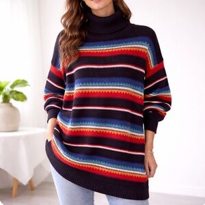 Vintage Lizsport 80s Multicolored Stripe Oversized Turtleneck Sweater Small Knit